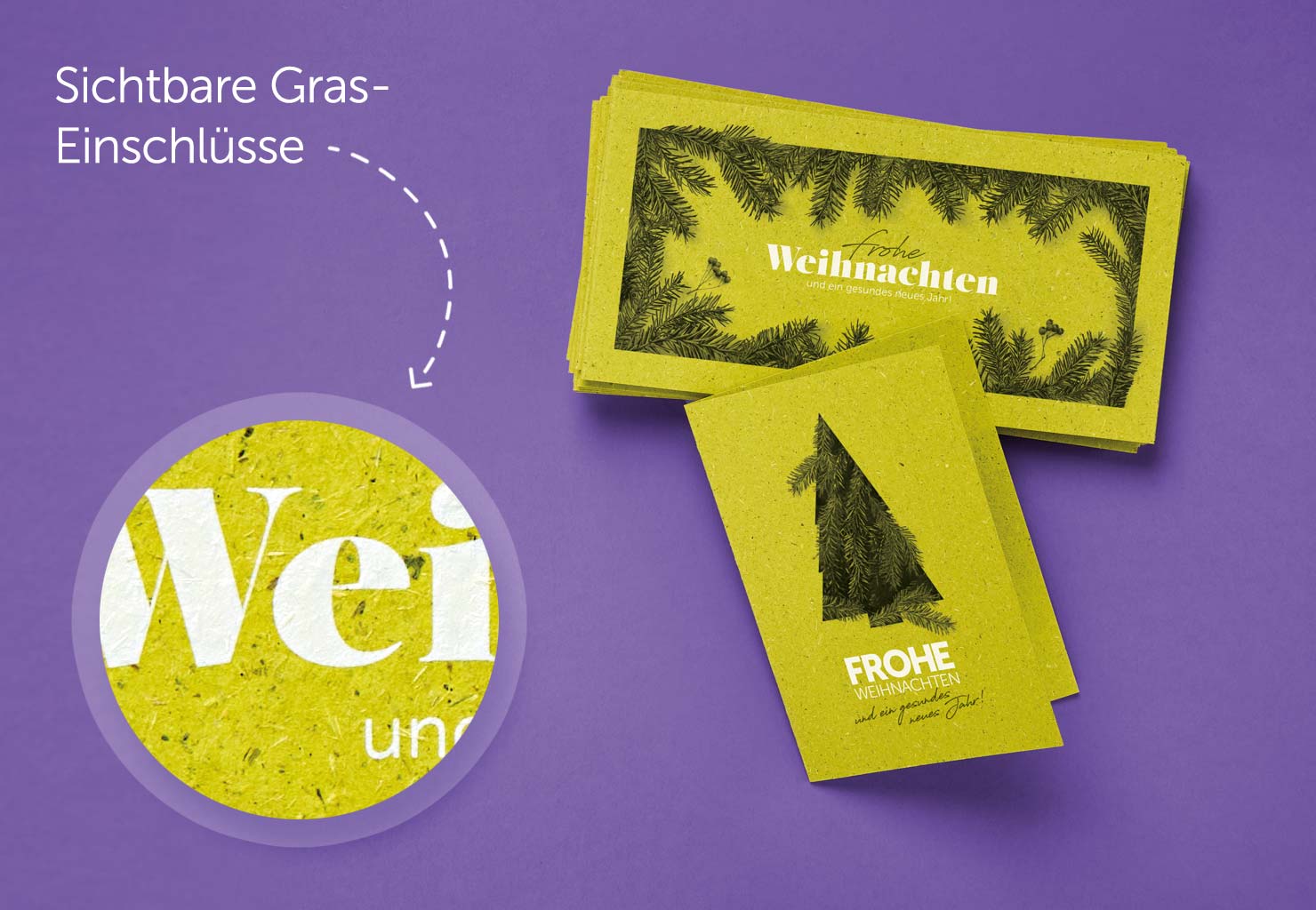Weihnachtskarte aus Graspapier veredelt mit Sonderfarbe Weiß