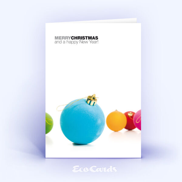 Öko Weihnachtskarten Nr. 1 weiss mit verschiedenen Christbaumkugeln zeigen ein stilvolles Dekor.