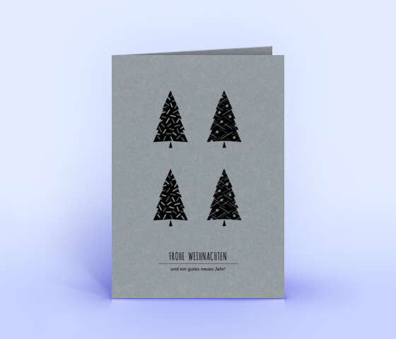 Grafische Weihnachtskarte mit 4 Weihnachtsbäumen auf grauem Naturkarton 1117