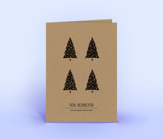 Öko Weihnachtskarten Nr. 1119 naturfarben mit verschiedenen Weihnachtsbäumen sind mit einem individuellen Kartenmotiv bedruckt.