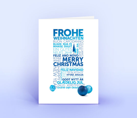 Öko Weihnachtskarten Nr. 1295 blau mit Word-Cloud zeigen ein modernes Karten-Design.
