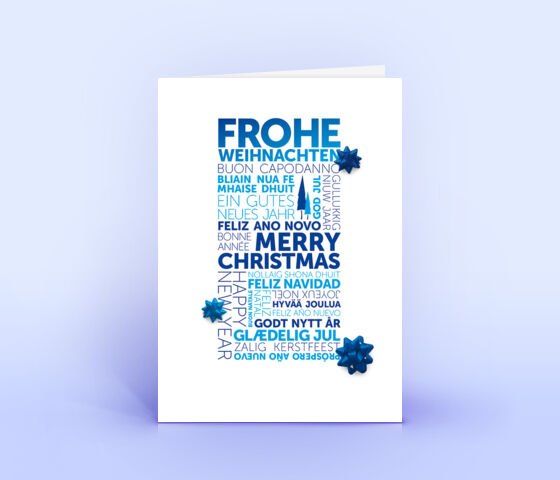 Öko Weihnachtskarten Nr. 1299 blau mit Word Cloud zeigen ein individuelles Motiv.