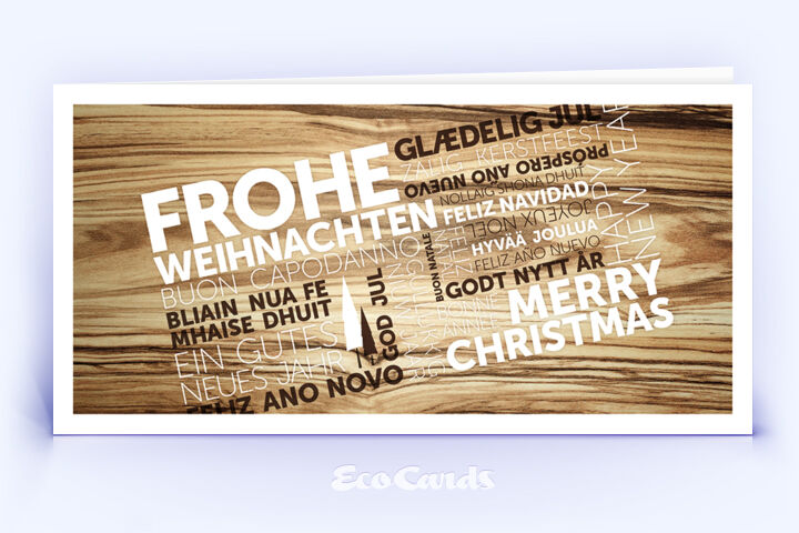 Exklusive Weihnachtskarte mit mehrsprachiger Wordcloud vor Holzdekor 1362