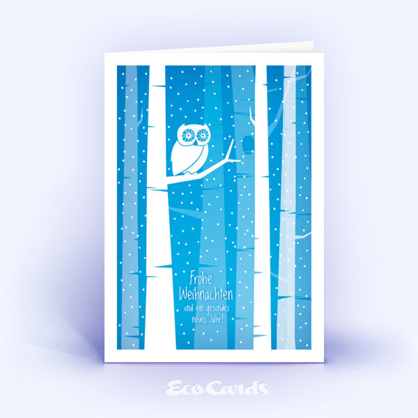 Öko Weihnachtskarten Nr. 1395 blau mit einer Eule zeigen ein modernes Kartenmotiv.