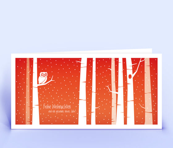 Öko Weihnachtskarte Nr. 1398 rot mit Illustration einer Eule zeigt ein verspieltes Motiv.