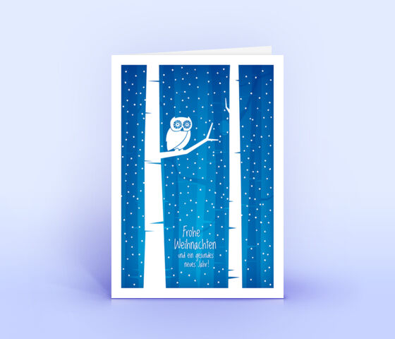 Öko Weihnachtskarten Nr. 1401 dunkelblau mit einer Eule im Motiv sind mit einem festlichen Motiv versehen.