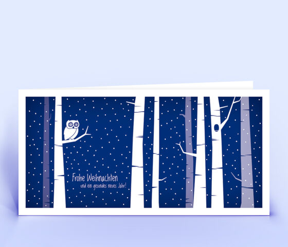 Öko Weihnachtskarte Nr. 1404 dunkelblau mit einer Eule im Design zeigt ein originelles Kartenmotiv.