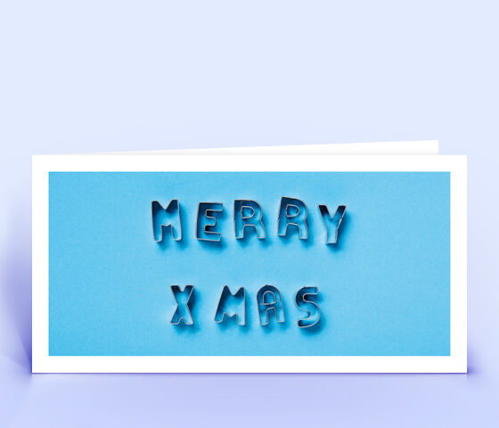 Öko Weihnachtskarte Nr. 1514 blau mit Ausstechformen, die zu einem Weihnachtsgruß zusammengelegt sind, ist mit einem ausgefallenen Motiv versehen.
