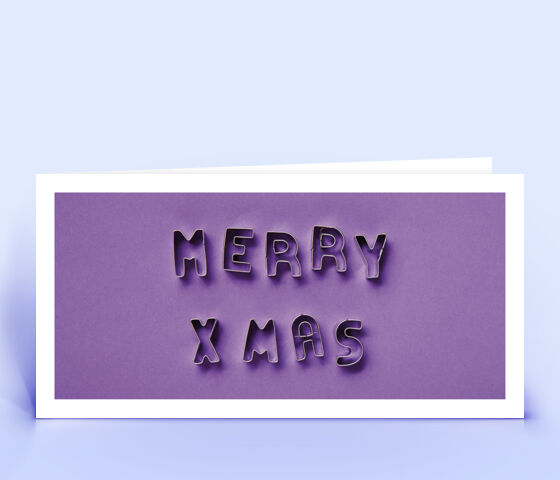 Öko Weihnachtskarte Nr. 1516 violett mit Keksformen, die zu einem Weihnachtsgruß zusammengelegt sind, ist mit einem schönen Kartenmotiv versehen.