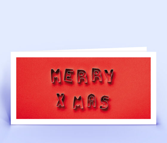 Öko Weihnachtskarte Nr. 1522 rot mit Ausstechformen für Plätzchen, die zu einem Weihnachtsgruß zusammengelegt sind, ist mit einem exklusiven Motiv versehen.