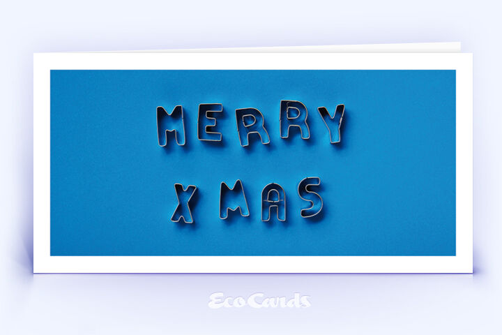 Öko Weihnachtskarte Nr. 1528 blau mit Keksformen, die zu einem Weihnachtsgruß zusammengelegt sind, zeigt ein schönes Weihnachtsdesign.