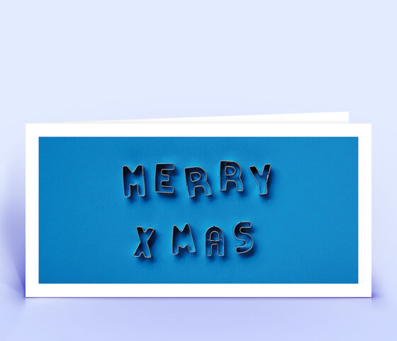 Öko Weihnachtskarte Nr. 1528 blau mit Keksformen, die zu einem Weihnachtsgruß zusammengelegt sind, zeigt ein schönes Weihnachtsdesign.