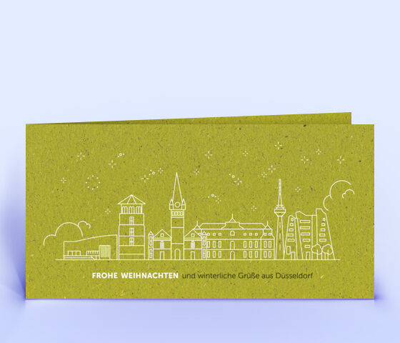 Weihnachtskarte Nr. 2096 gruen mit einer Düsseldorf Silhouette
