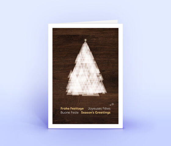 Ausgefallene Weihnachtskarte mit stilisiertem Weihnachtsbaum vor Holz-Hintergrund 2593