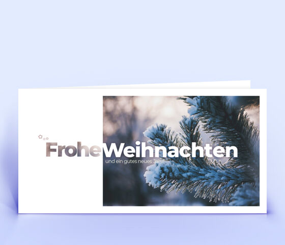 Originelle Weihnachtskarte mit Foto von verschneiten Tannenzweigen 2726