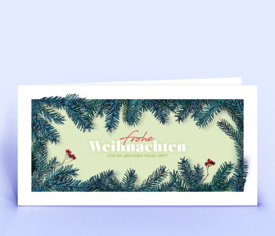 Moderne hellgrüne Weihnachtskarte mit Tannenzweigen 2750