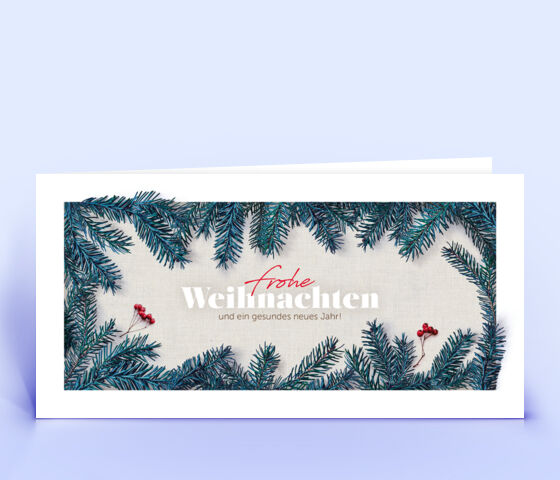 Moderne Weihnachtskarte mit Tannenzweigen auf Leinen Hintergrund 2754