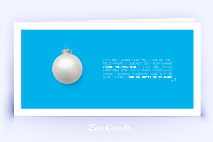 Moderne Weihnachtskarte blau mit einzelner weißer Weihnachtskugel 2800