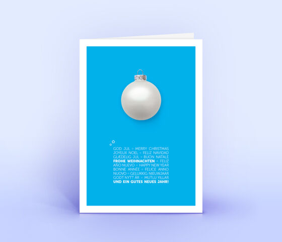 Blaue Weihnachtskarte mit weißer Weihnachtskugel und mehrsprachigem Weihnachtsgruß 2801