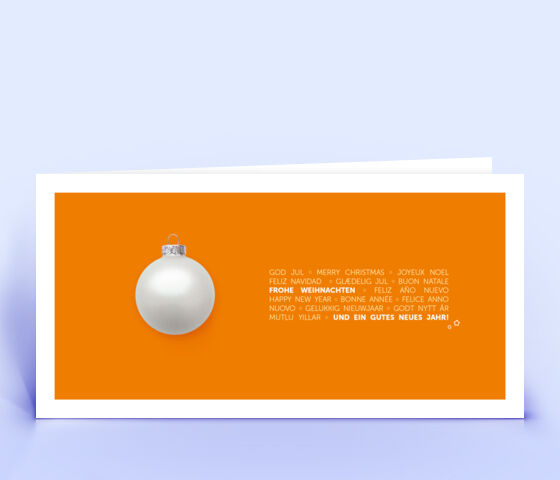 Orangene Weihnachtskarte mit originellem Design und mehrsprachigen Weihnachtsgrüßen 2808