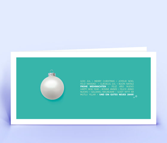 Individuelle Weihnachtskarte türkis mit einzelner Weihnachtskugel 2810