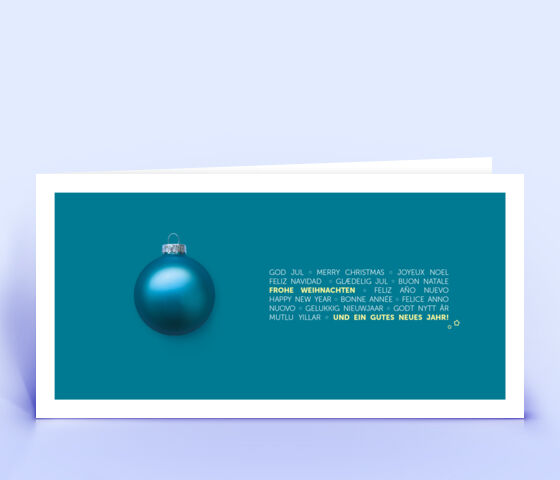 Exklusive Weihnachtskarte mit türkisfarbenem Design und internationalem Weihnachtsgruß 2814
