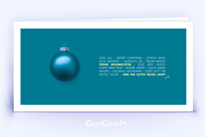Exklusive Weihnachtskarte mit türkisfarbenem Design und internationalem Weihnachtsgruß 2814