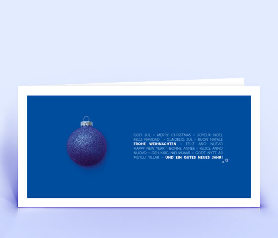 Dunkelbaue Weihnachtskarte mit stilvoller Gestaltung und mehrsprachigem Weihnachtsgruß 2816