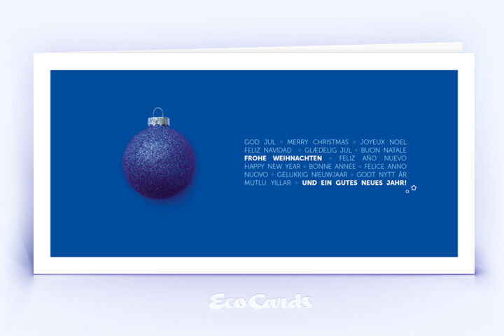 Dunkelbaue Weihnachtskarte mit stilvoller Gestaltung und mehrsprachigem Weihnachtsgruß 2816