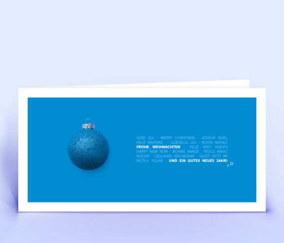 Grafische Weihnachtskarte mit blauem Design und mehrsprachigen Weihnachtsgrüßen 2818