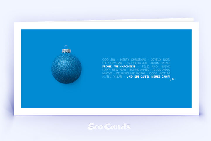 Grafische Weihnachtskarte mit blauem Design und mehrsprachigen Weihnachtsgrüßen 2818