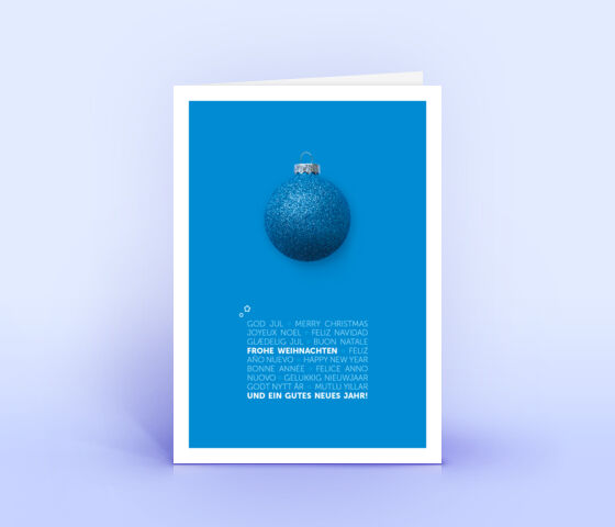 Moderne Weihnachtskarte blau mit mehrsprachigem Grußtext 2819