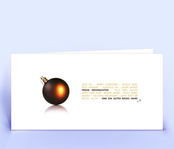 Geschäftliche Weihnachtskarte mit goldener Weihnachtskugel und mehrsprachigem Weihnachtsgruß 2820
