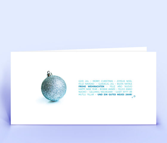 Geschäftliche Weihnachtskarte mit silberner Weihnachtskugel und mehrsprachigen Weihnachtsgrüßen 2822