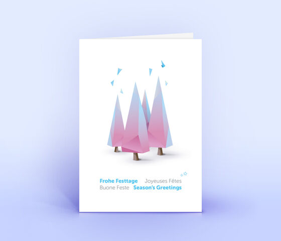 Kreative Weihnachtskarte mit abstrakten Weihnachtsbäumen in hellblau und pink 2849