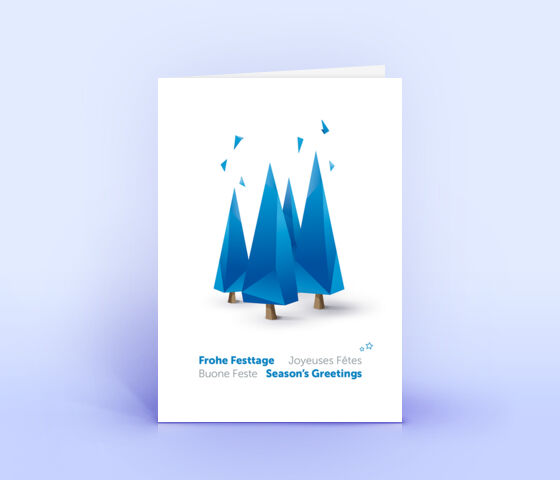 Geschäftliche Weihnachtskarte blau mit stilisierten polygonen Weihnachtsbäumen 2855