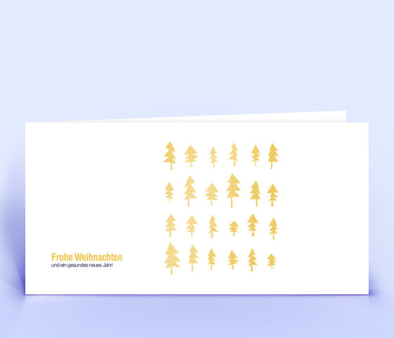 Öko Weihnachtskarte Nr. 292 gold mit mehreren Weihnachtsbäumen ist mit einem individuellen Kartenmotiv bedruckt.