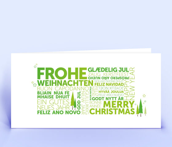 Firmen Weihnachtskarte mit mehrsprachigen Weihnachtsgrüßen in grüner Wortwolke 3032