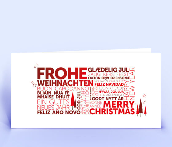 Klassische Weihnachtskarte mit internationalen Weihnachtsgrüßen in roter Wortwolke 3034