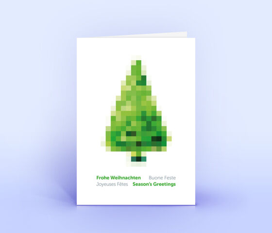 Mehrsprachige Weihnachtskarte mit einem grünen Pixelbaum 3081