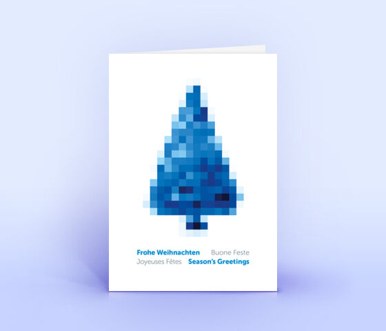 Blaue Weihnachtskarte mit modernem Pixelbaum 3085