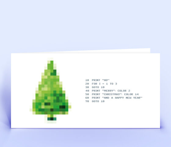 Kreative Weihnachtskarte mit grünem Pixel Baum und weihnachtlichem Computer Programm 3088