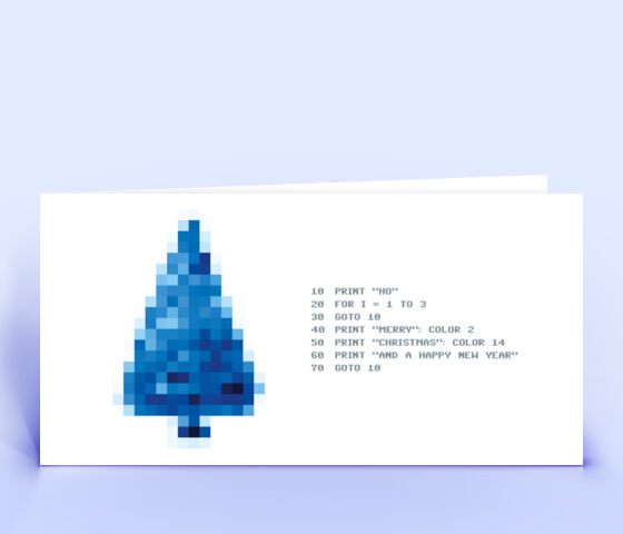 Originelle Weihnachtskarte mit blauem Pixel Baum und weihnachtlichem Computer Programm 3090