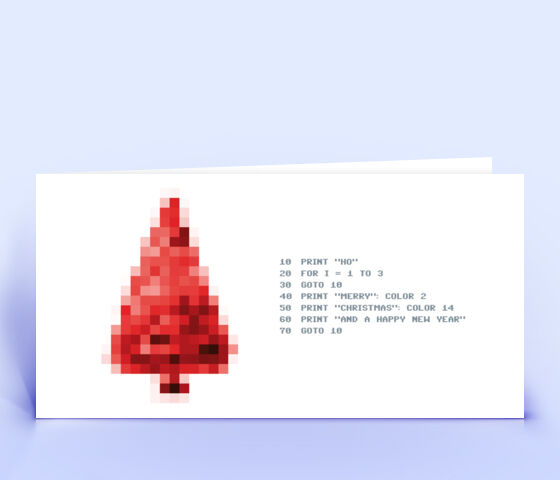 Exklusive Weihnachtskarte mit verpixeltem Weihnachtsbaum und weihnachtlichem Computer Programm 3092