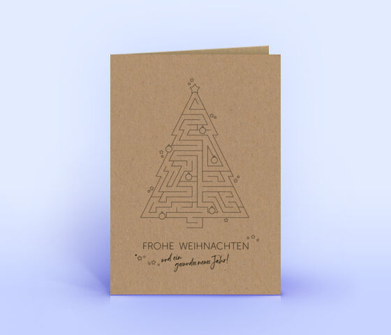 Originelle Weihnachtskarte mit Labyrinth Rätsel auf braunem Design-Recyclingpapier gedruckt 3213