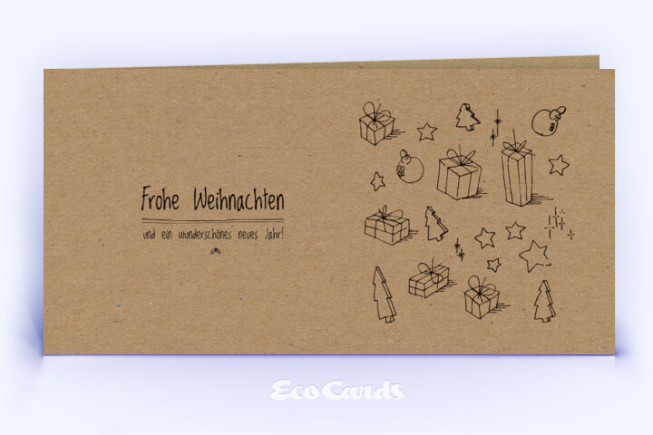 Öko Weihnachtskarte Nr. 334 braun mit handgefertigter Zeichnung ist mit einem verspielten Layout verziert.