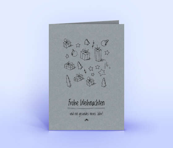 Schöne Weihnachtskarte mit handgezeichneten Illustrationen gedruckt auf grauem Naturkarton 337