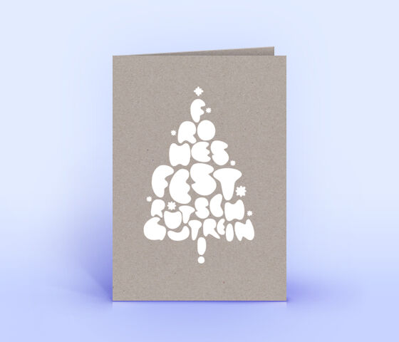 Weihnachtskarte aus grauem Design-Recyclingpapier mit Text in Form eines Weihnachtsbaumes 3455