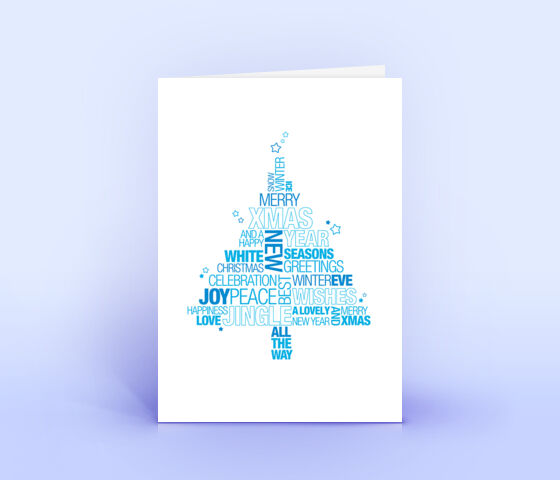 Blaue Weihnachtskarte mit englischer Wordcloud in Form eines Weihnachtsbaumes 3681