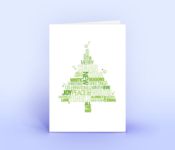 Grüne Weihnachtskarte mit englischer Wordcloud in Form eines Weihnachtsbaumes 3683